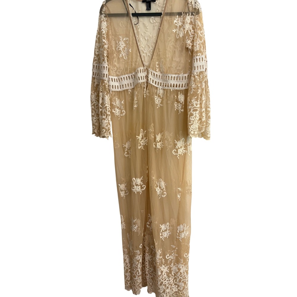 Forever 21 Maxi Duster M Tan Boho, Festival, Lace, Sheer, Mesh, Kimono, Floral